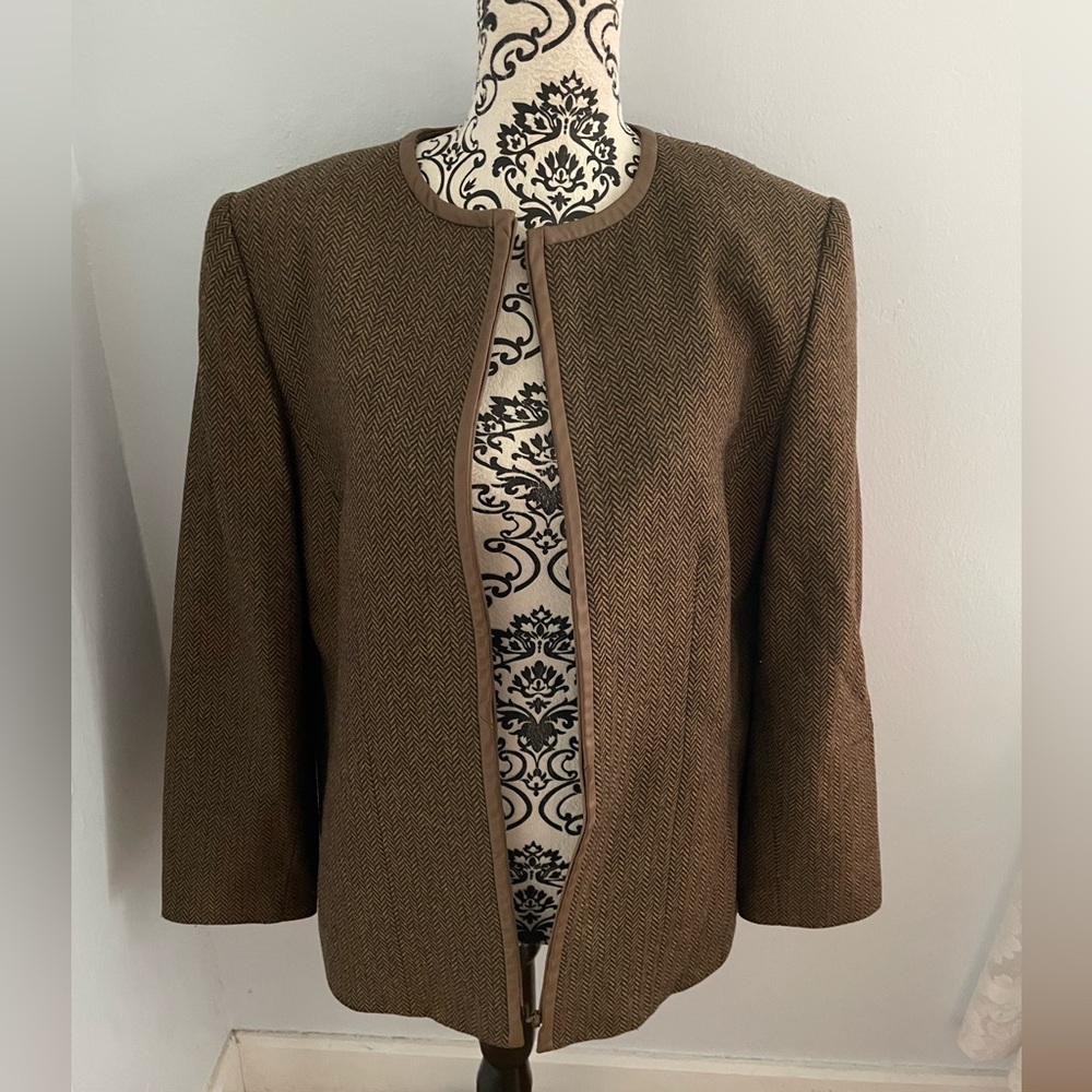 Kate Hill Leather Trimmed Zip Brown Tweed Jacket Size 14 W
